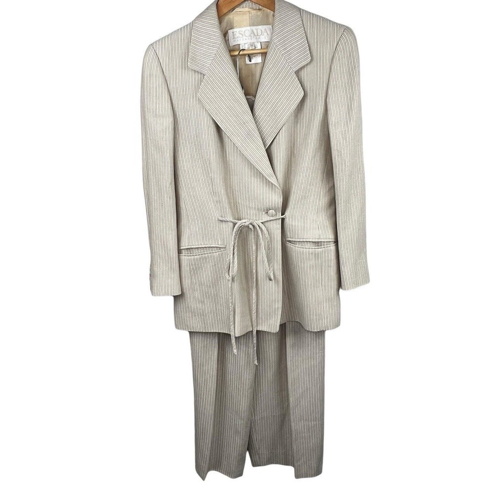 Escada Beige Tan Drawstring Waist Blazer Jacket and Pants Size 38 Two Piece Set